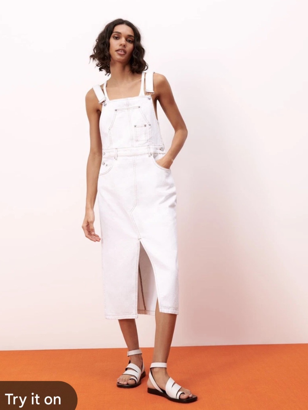 Zara White Denim Overall Pinafore Midi Dress S